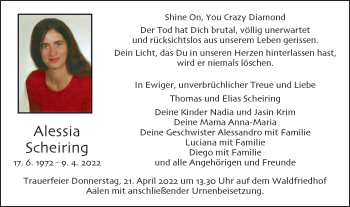 Traueranzeige von Alessia Scheiring  von Schwäbische Post