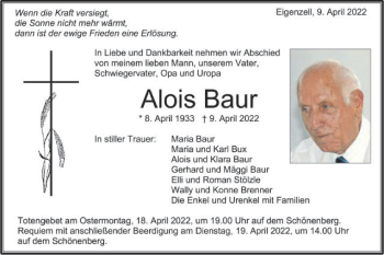 Traueranzeige von Alois Baur von Schwäbische Post