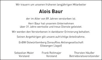 Traueranzeige von Alois Baur von Schwäbische Post