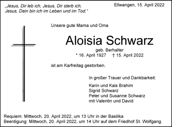 Traueranzeige von Aloisia Schwarz von Schwäbische Post