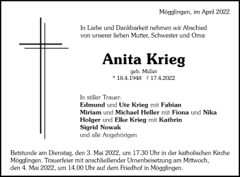 Traueranzeige von Anita Krieg von Gmünder Tagespost