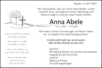 Traueranzeige von Anna Abele von Gmünder Tagespost