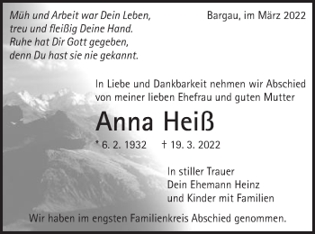 Traueranzeige von Anna Heiß von Gmünder Tagespost