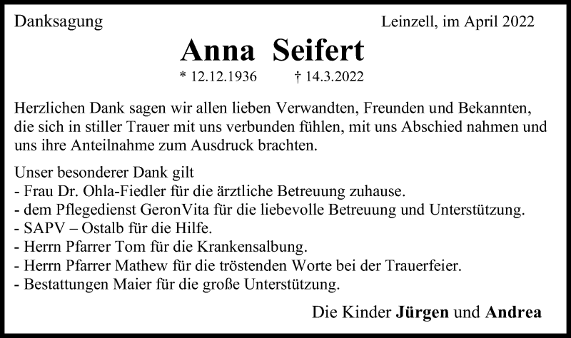  Traueranzeige für Anna Seifert vom 02.04.2022 aus Gmünder Tagespost