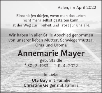 Traueranzeige von Annemarie Mayer von Schwäbische Post