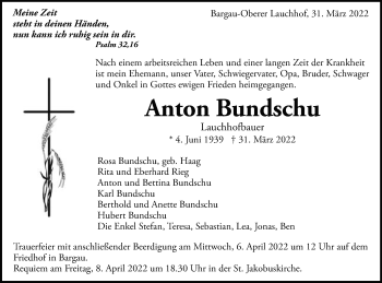 Traueranzeige von Anton Bundschu von Gmünder Tagespost
