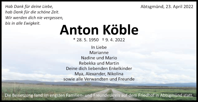  Traueranzeige für Anton Köble vom 23.04.2022 aus Schwäbische Post