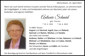 Traueranzeige von Antonie Schmid von Schwäbische Post