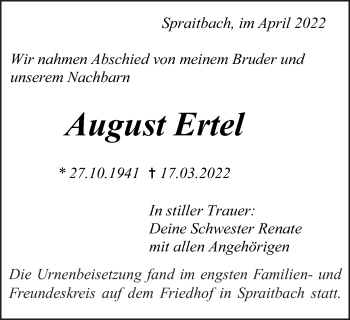 Traueranzeige von August Ertel von Gmünder Tagespost