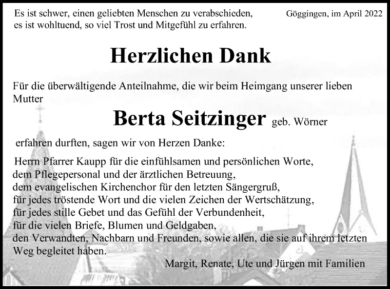  Traueranzeige für Berta Seitzinger vom 09.04.2022 aus Gmünder Tagespost
