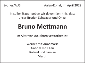 Traueranzeige von Bruno Mettmann von Schwäbische Post