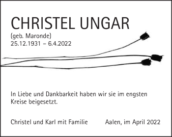 Traueranzeige von Christel Ungar von Schwäbische Post