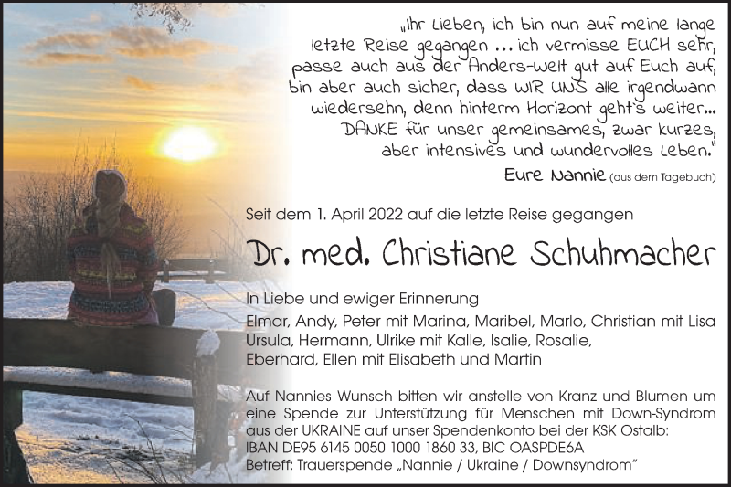  Traueranzeige für Christiane Schuhmacher vom 23.04.2022 aus Gmünder Tagespost
