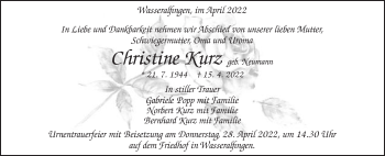 Traueranzeige von Christine Kurz von Schwäbische Post
