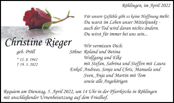 Traueranzeige von Christine Rieger von Schwäbische Post