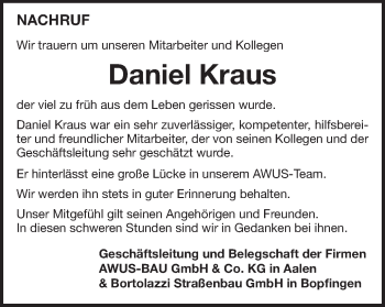 Traueranzeige von Daniel Kraus von Schwäbische Post