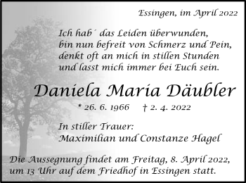 Traueranzeige von Daniela Maria Däubler von Schwäbische Post