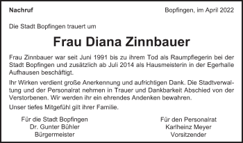 Traueranzeige von Diana Zinnbauer von Bopfinger Stadtanzeiger