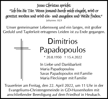 Traueranzeige von Dimitrios Papadopoulos von Gmünder Tagespost