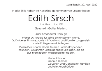 Traueranzeige von Edith Sirsch von Gmünder Tagespost