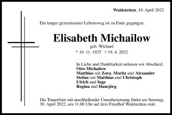 Traueranzeige von Elisabeth Michailow von Gmünder Tagespost