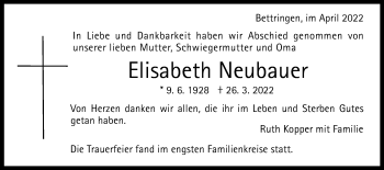 Traueranzeige von Elisabeth Neubauer von Gmünder Tagespost