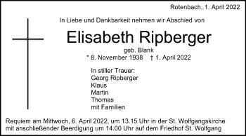 Traueranzeige von Elisabeth Ripberger von Schwäbische Post