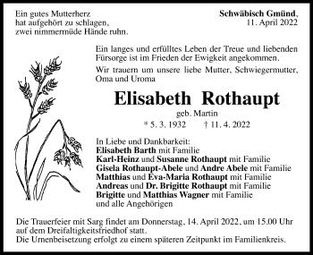 Traueranzeige von Elisabeth Rothaupt von Gmünder Tagespost