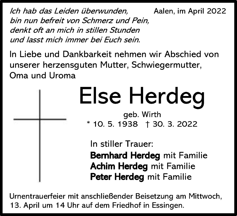  Traueranzeige für Else Herdeg vom 09.04.2022 aus Schwäbische Post
