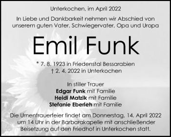 Traueranzeige von Emil Funk von Schwäbische Post