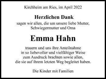 Traueranzeige von Emma Hahn von Schwäbische Post