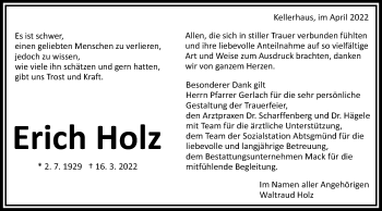 Traueranzeige von Erich Holz von Schwäbische Post