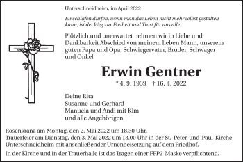 Traueranzeige von Erwin Gentner von Schwäbische Post