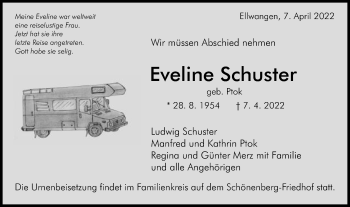 Traueranzeige von Eveline Schuster von Schwäbische Post