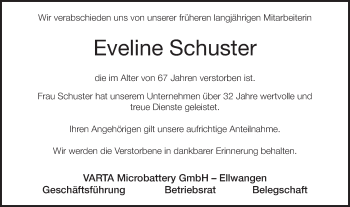 Traueranzeige von Eveline Schuster von Schwäbische Post
