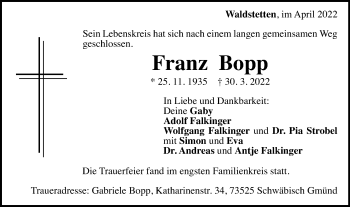 Traueranzeige von Franz Bopp von Gmünder Tagespost
