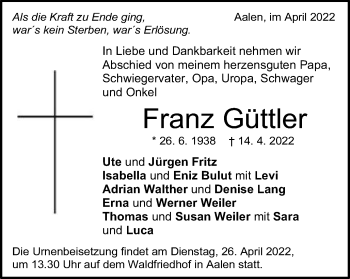 Traueranzeige von Franz Güttler von Schwäbische Post