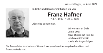 Traueranzeige von Franz Hafner von Schwäbische Post