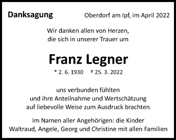 Traueranzeige von Franz Legner von Schwäbische Post