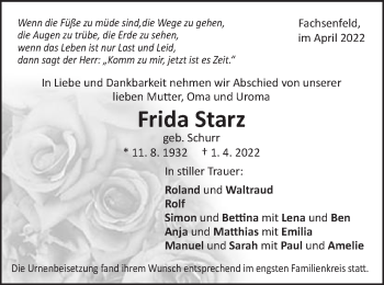 Traueranzeige von Frida Starz von Schwäbische Post