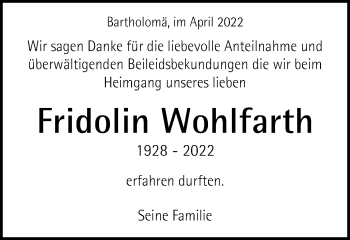 Traueranzeige von Fridolin Wohlfarth von Gmünder Tagespost