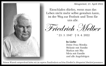 Traueranzeige von Friedrich Melber von Schwäbische Post