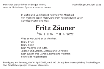 Traueranzeige von Fritz Zäuner von Schwäbische Post
