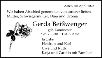 Traueranzeige von Gerda Beißwenger von Schwäbische Post
