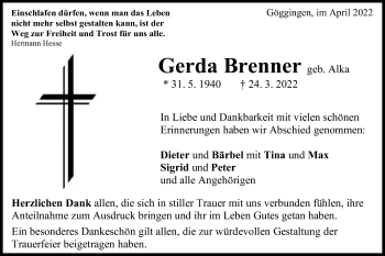 Traueranzeige von Gerda Brenner