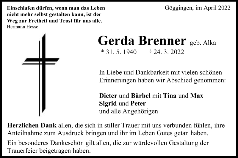  Traueranzeige für Gerda Brenner vom 06.04.2022 aus Gmünder Tagespost