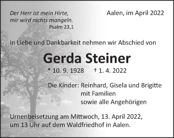 Traueranzeige von Gerda Steiner von Schwäbische Post