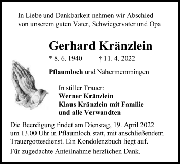Traueranzeige von Gerhard Kränzlein von Schwäbische Post