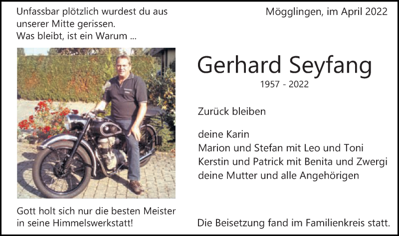  Traueranzeige für Gerhard Seyfang vom 02.04.2022 aus Gmünder Tagespost