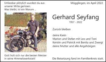 Traueranzeige von Gerhard Seyfang von Gmünder Tagespost